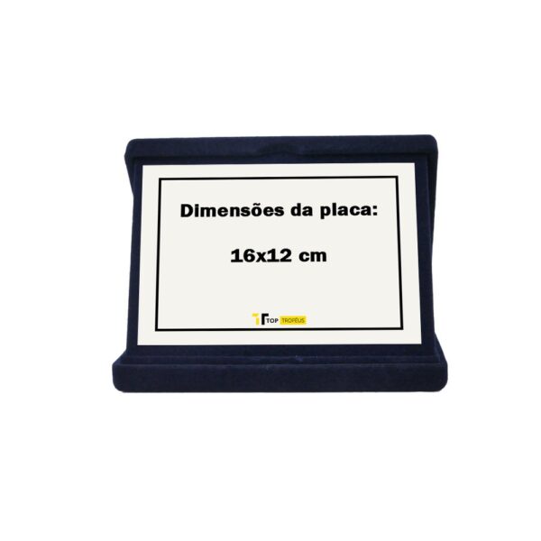 Estojo de veludo 18 x 14 cm com aba azul com o tamanho máximo da placa