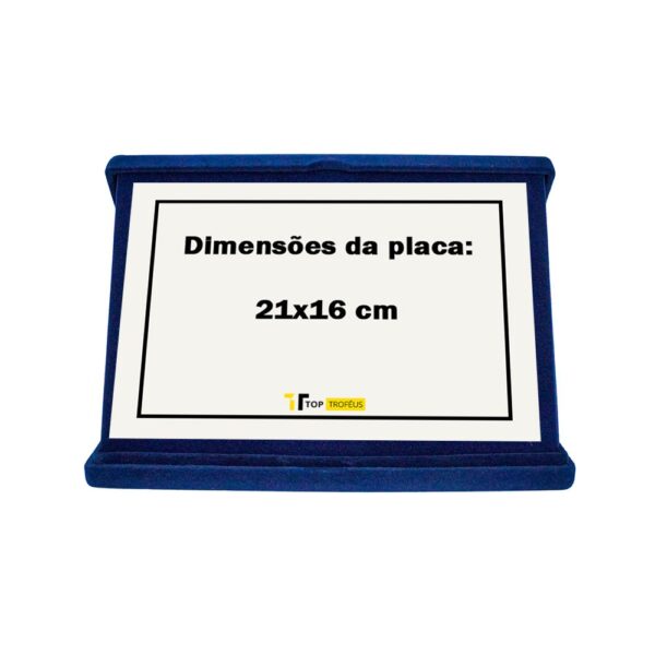 Estojo de veludo 23 x 18 cm com aba azul com o tamanho máximo da placa
